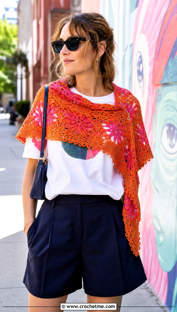 Motif Lace Triangle Shawl With Graphic Tee And Tailored Shorts - 25 Crochet Lacy Triangle Shawl outfit ideas
