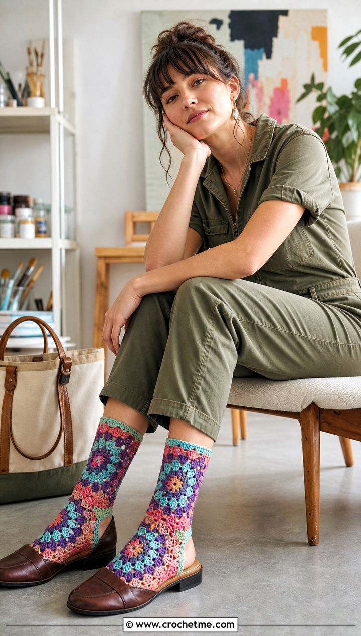 Motif Mix Granny Socks With Utility Jumpsuit - 25 Crochet Granny Socks outfit ideas