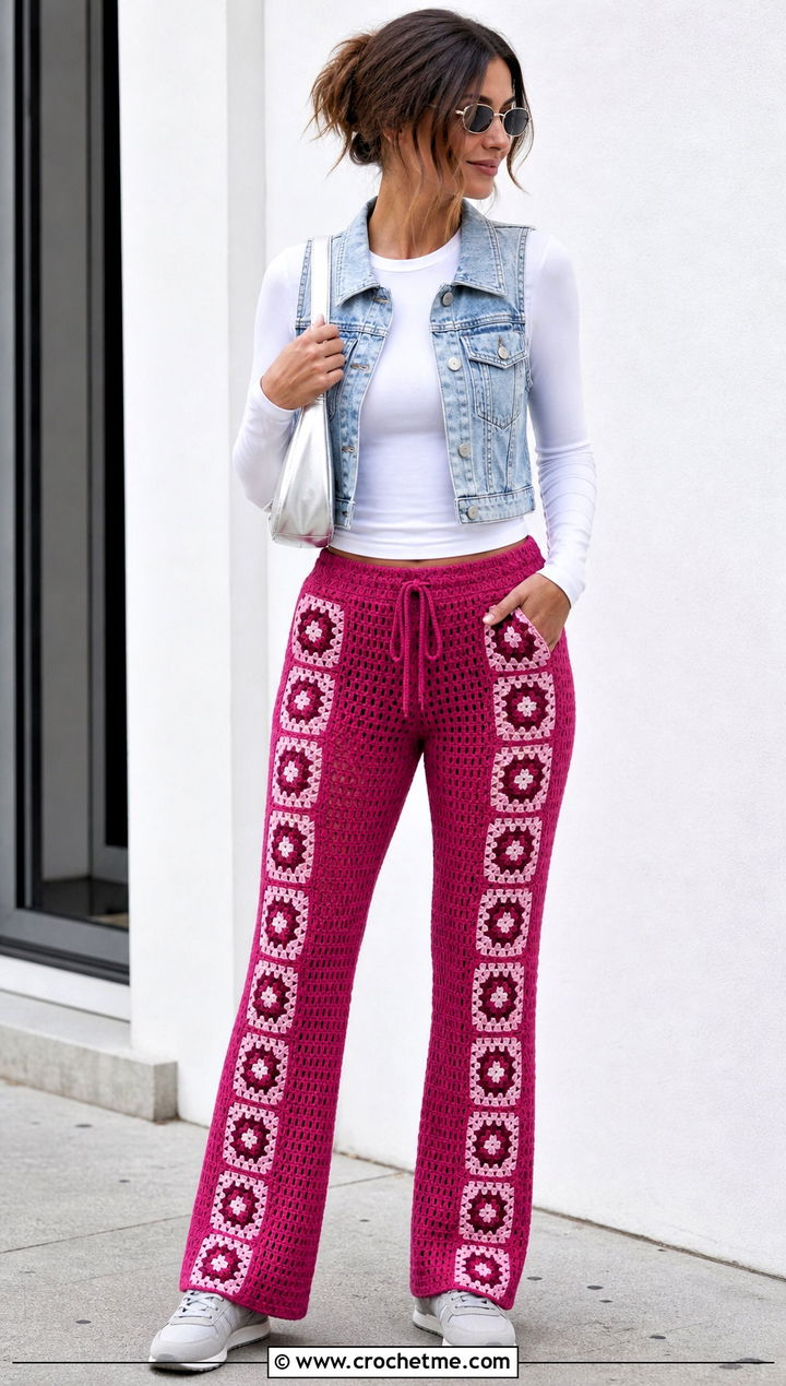 Motif Panel Crochet Pants With Long Sleeve T Shirt - 30 Crochet Pant Outfit ideas