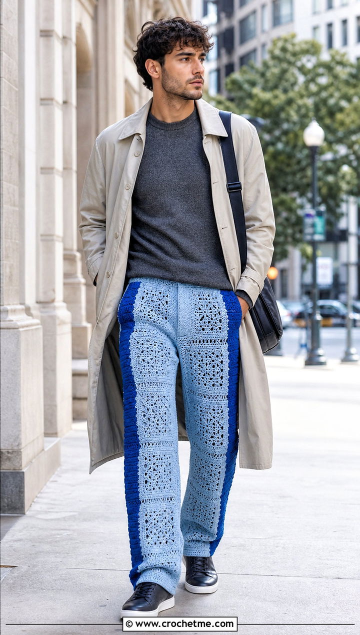 Motif Panel Crochet Pants With Trench Coat - 30 mens crochet pants outfit ideas