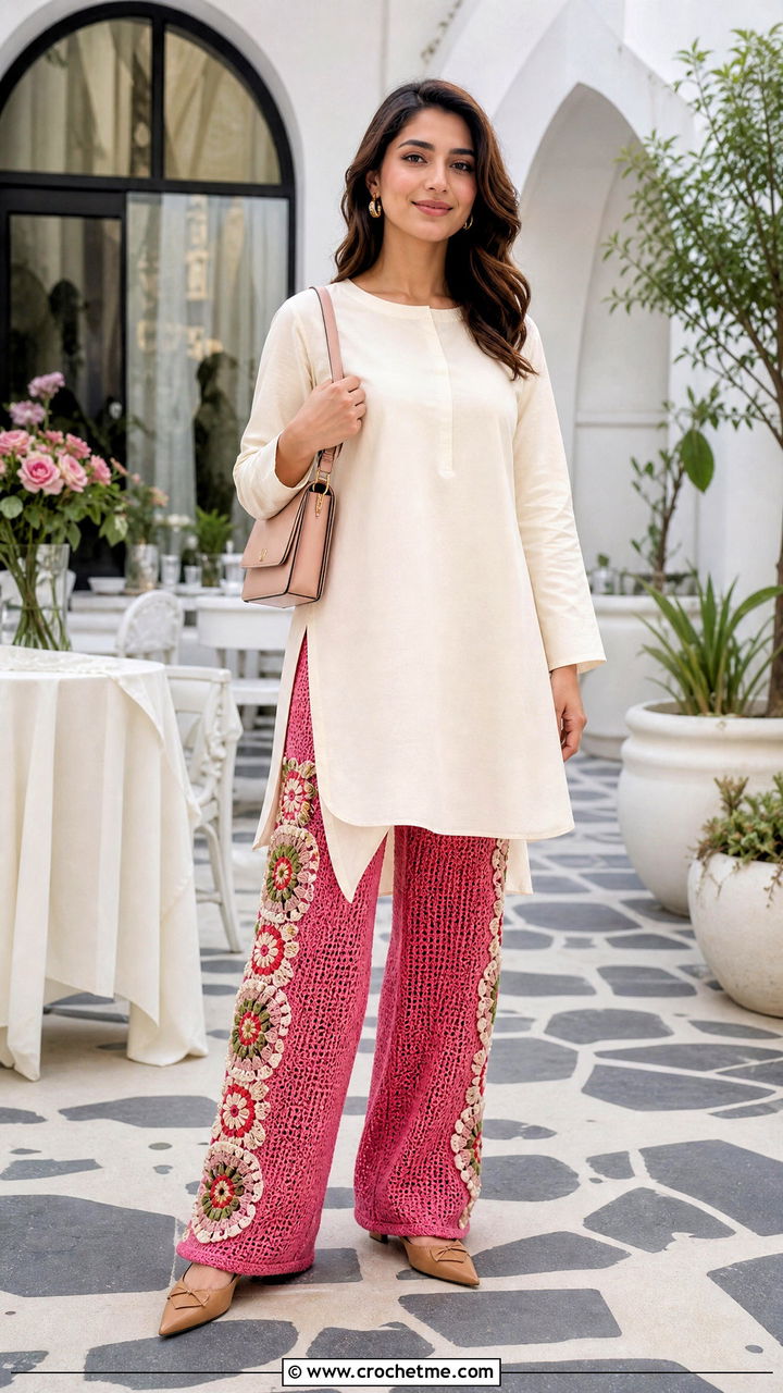 Motif Panel Crochet Trousers With Long Tunic - 35 crochet trousers outfit ideas