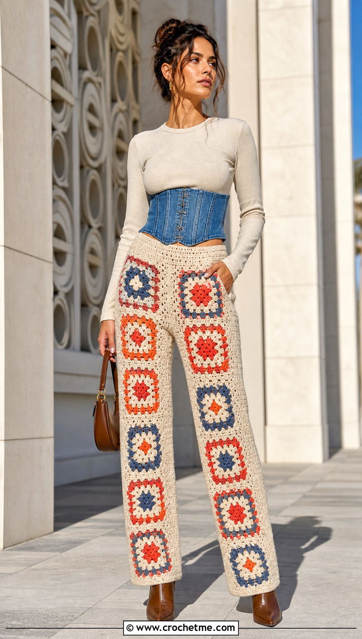 Motif Panel Granny Square Trousers With Denim Corset Belt - 35 granny square trousers outfit ideas