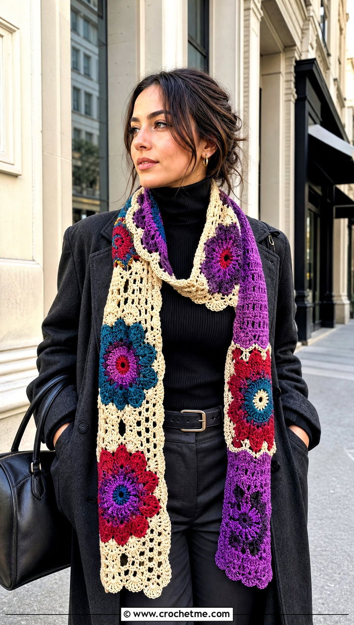 Motif Patchwork Crochet Scarf With Monochrome Outfit - 25 Wednesday Crochet Scarf outfit ideas