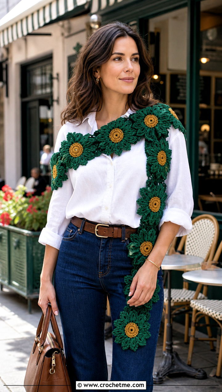 Motif Sunflower Crochet Shawl With White Shirt - 20 Sunflower Crochet Shawl outfit ideas