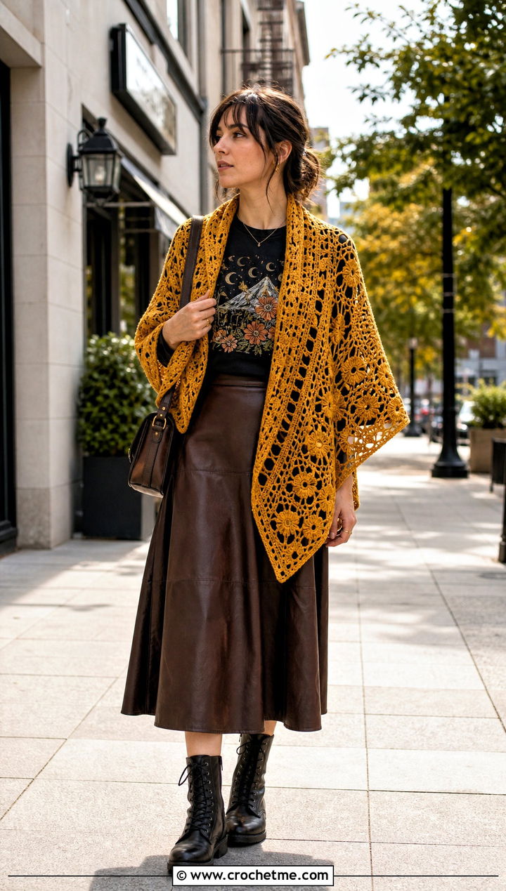 Motif Triangle Shawl With Graphic T Shirt And Leather Skirt - 35 Easy Simple Crochet Triangle Shawl outfit ideas