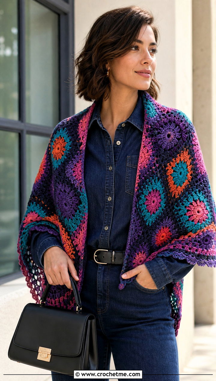 Motif V Stitch Crochet Shawl With Matching Denim Set - 25 V Stitch Crochet Shawl outfit ideas