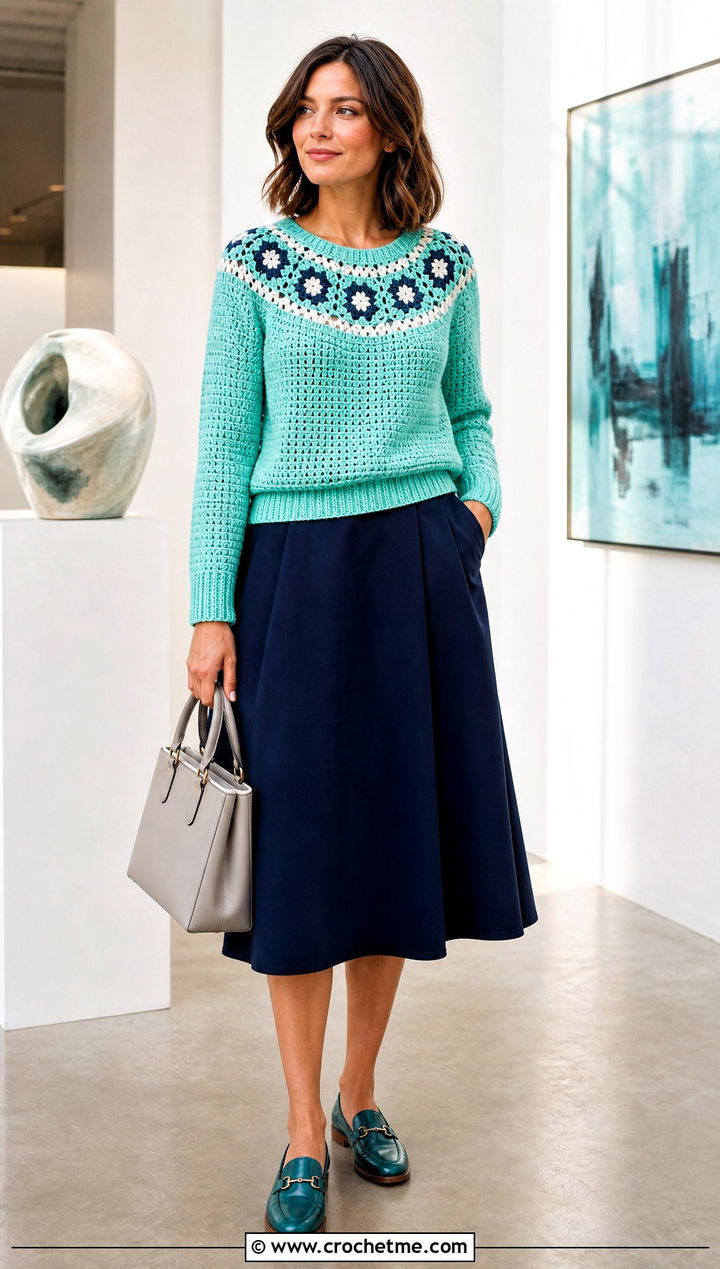 Motif Yoke Crochet Sweater With A Line Skirt - 35 cute crochet sweater outfit ideas