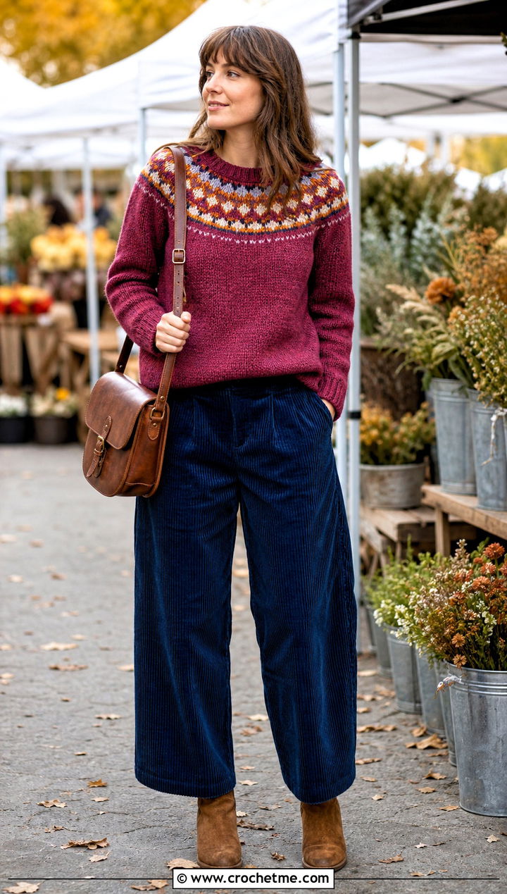 Motif Yoke Crochet Sweater With Corduroy Pants - 25 vintage crochet sweater outfit ideas