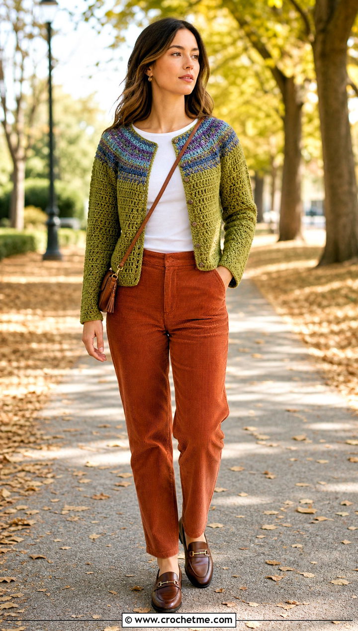 Motif Yoke Top Down Crochet Raglan Cardigan With Corduroy Pants - 25 top down crochet raglan cardigan outfit ideas