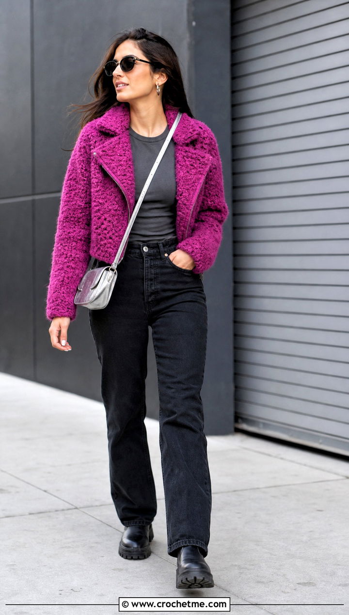 Moto Crochet Fur Jacket With Black Denim - 30 crochet fur jacket outfit ideas