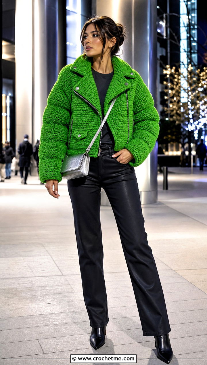 Moto Crochet Puffer Jacket With Coated Denim - 35 crochet puffer jacket outfit ideas