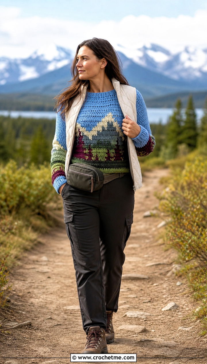 Mountain Crochet Graph Sweater With Quilted Vest - 30 crochet graph sweater outfit ideas