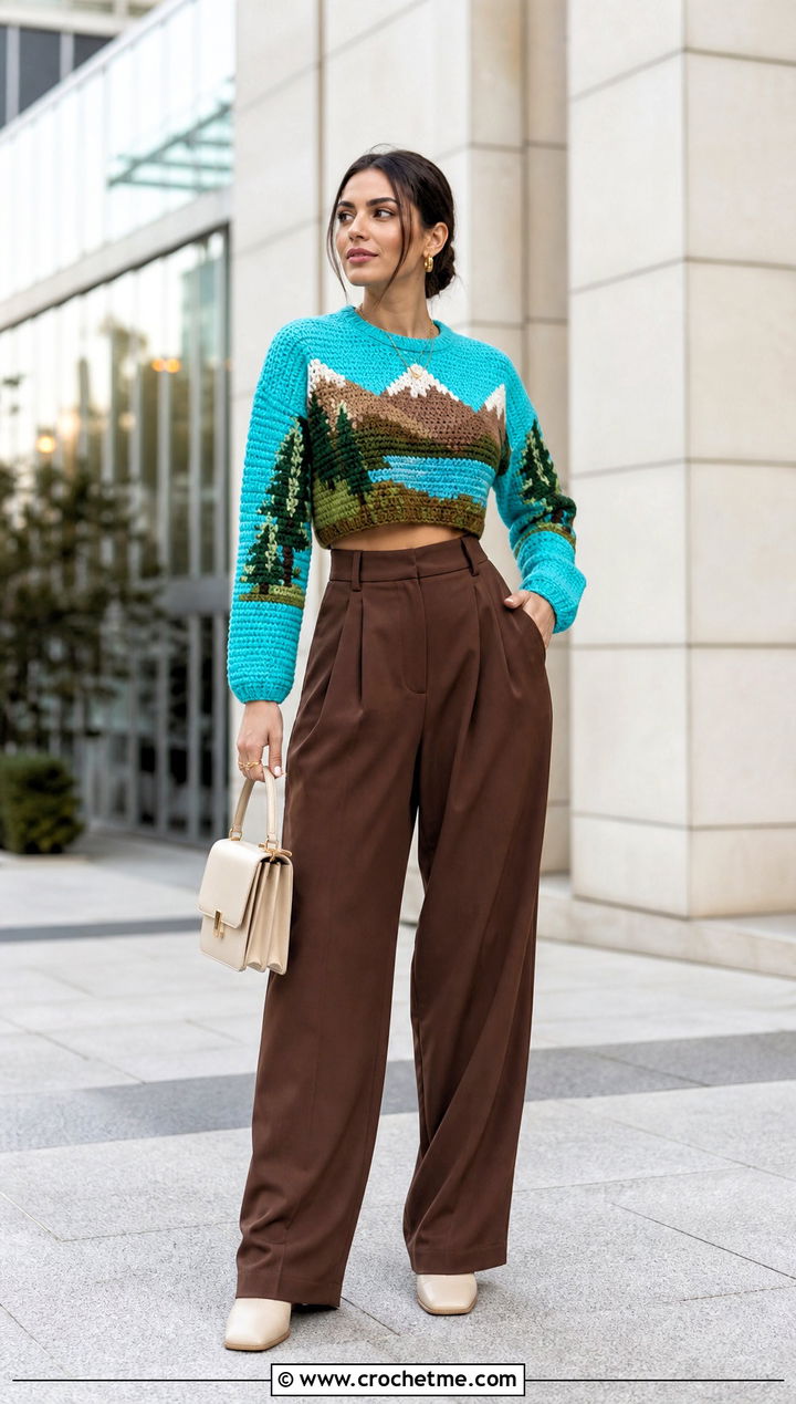 Mountain Motif Cropped Sweater With High Waisted Trousers - 15 Crochet Mountain Sweater outfit ideas