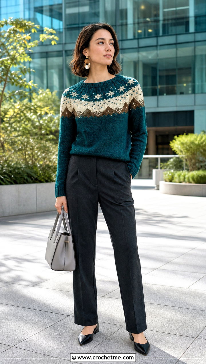 Mountain Sky Yoke Sweater With Tailored Trousers - 15 Crochet Mountain Sweater outfit ideas