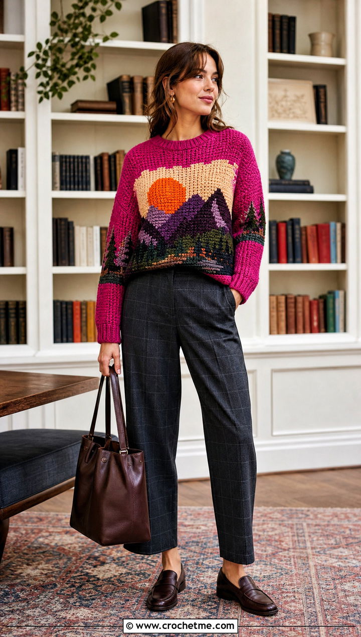 Mountain Tapestry Crochet Sweater With Plaid Trousers - 30 tapestry crochet sweater outfit ideas
