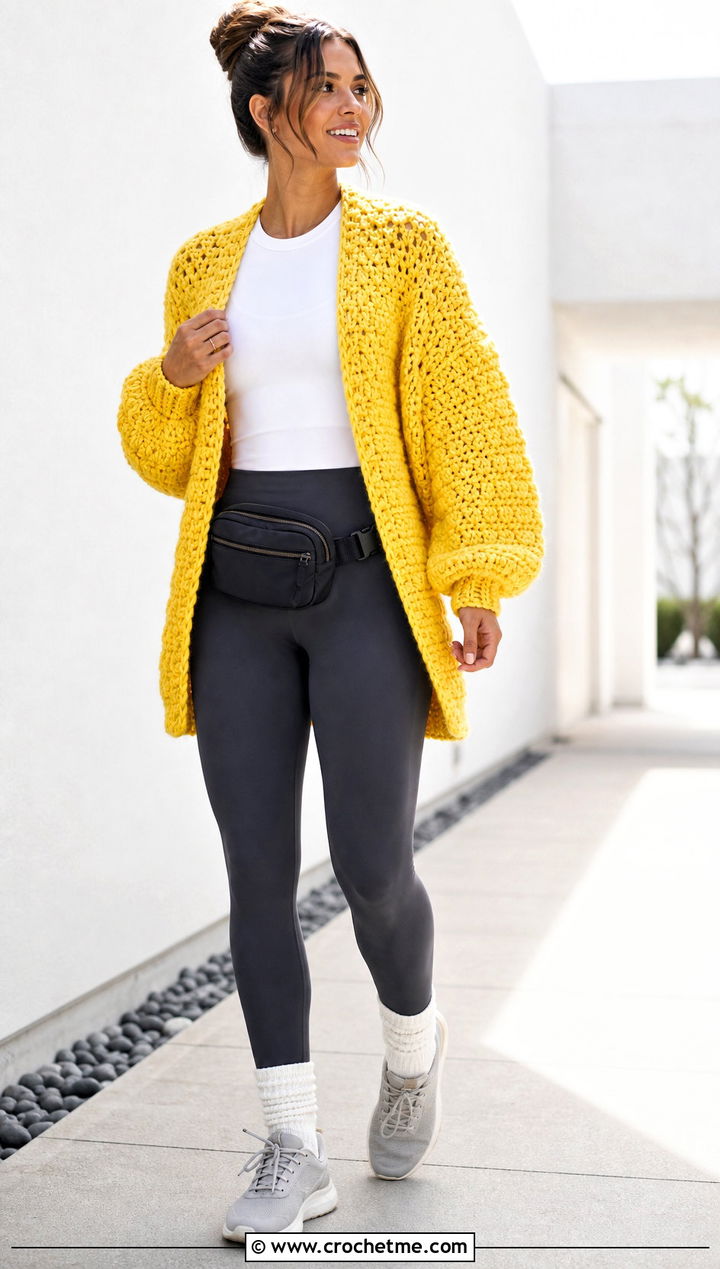 Mountaintop Chunky Cardigan With Leggings And Sneakers - 15 Crochet Mountain Sweater outfit ideas