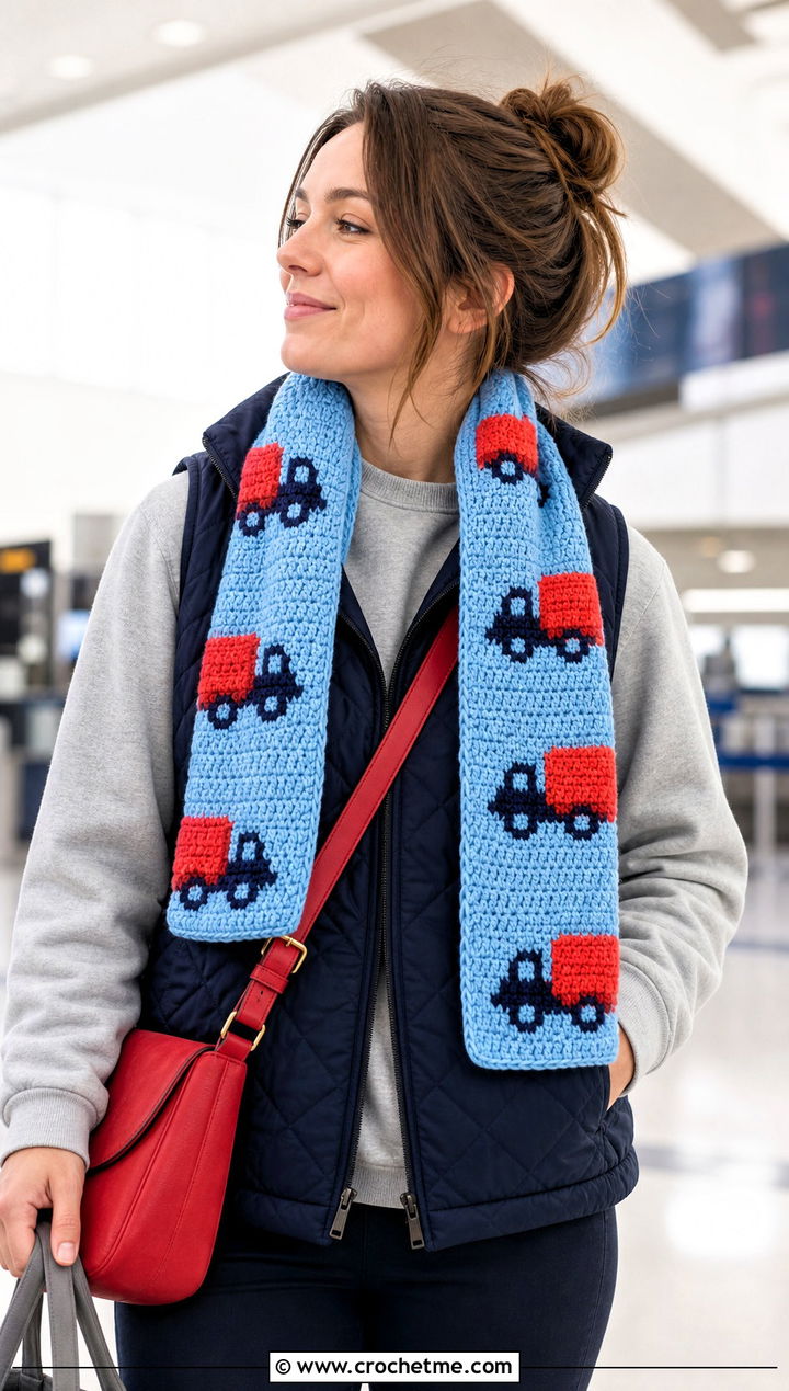 Moving Truck Crochet Scarf With Travel Outfit - 20 Crochet Truck Scarf outfit ideas