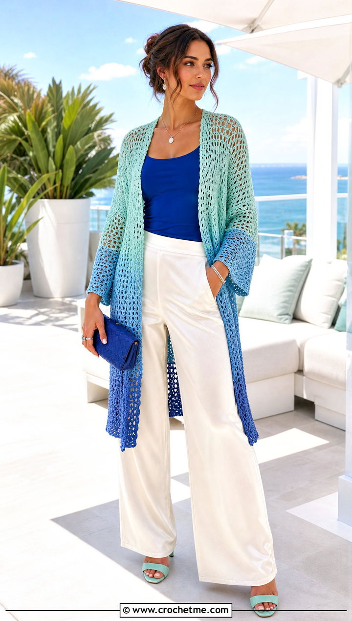 Muichiro Open Stitch Cardigan With Satin Trousers - 35 Demon Slayer Crochet Cardigan outfit ideas