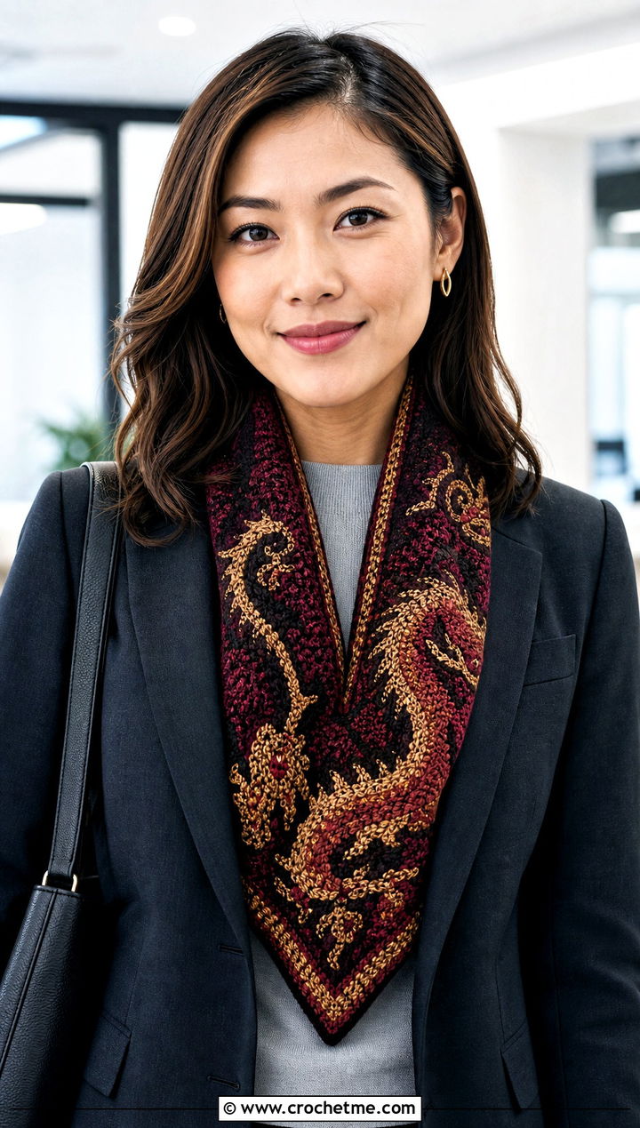 Mulan Dragon Crochet Scarf With Tailored Suit - 20 Crochet Disney Scarf outfit ideas