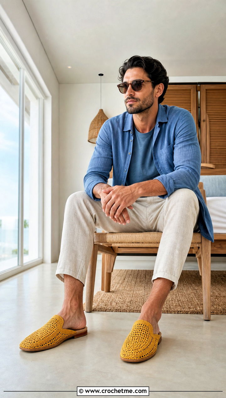 Mule Crochet Mens Slippers With Linen Pants And T Shirt - 15 Easy Crochet Mens Slippers outfit ideas