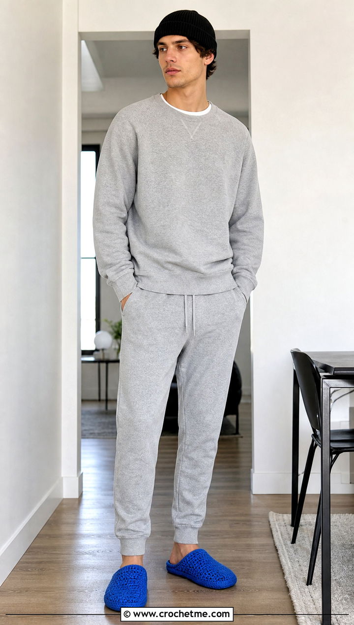 Mule Crochet Mens Slippers With a Matching Sweat Set - 30 crochet men's slippers outfit ideas
