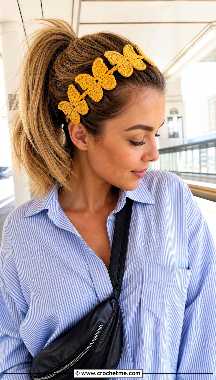 Multi Butterfly Crochet Headband With Oversized Shirt - 15 crochet butterfly headband outfit ideas