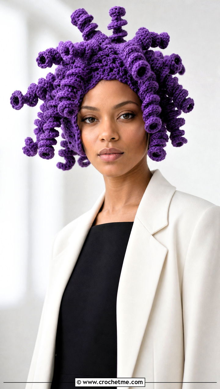 Multi Curl Curly Cue Hat With Minimalist Dress - 25 Crochet Curly Cue Hat outfit ideas