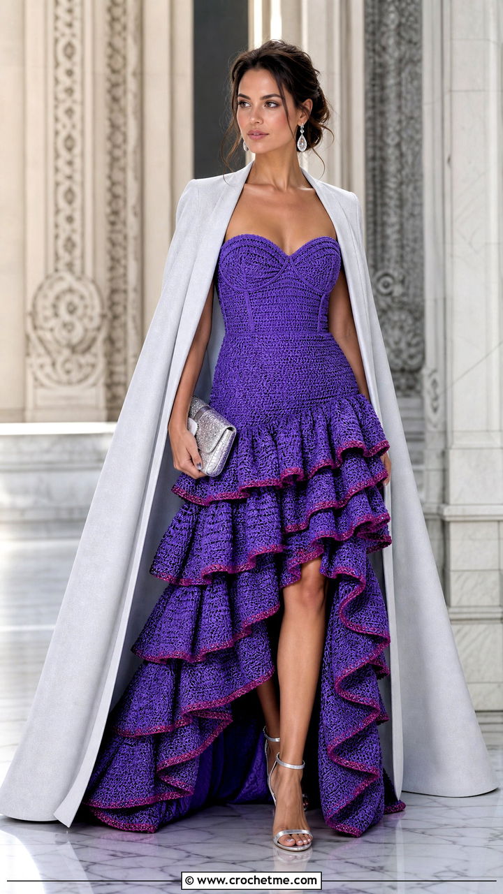 Multi Ruffle Crochet Gown With Tailored Cape - 35 crochet ruffle dress outfit ideas