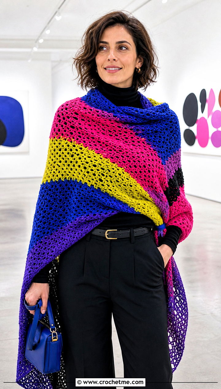 Multicolor Asymmetrical Crochet Shawl With Black Turtleneck And Trousers - 30 asymmetrical crochet shawl outfit ideas