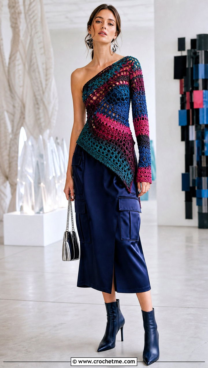 Multicolor Asymmetrical Crochet Top With Satin Cargo Skirt - 35 multicolor crochet top outfit ideas