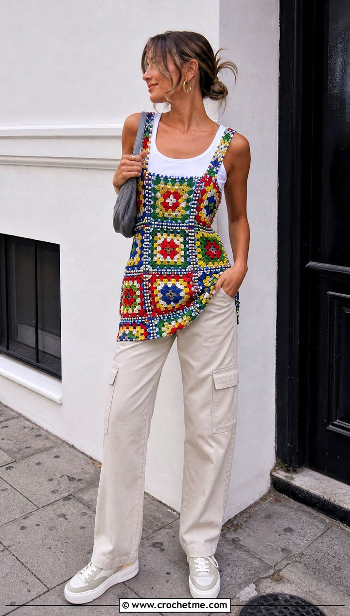 Multicolor Beaded Granny Square Crochet Mini Dress With Cargo Pants - 15 Beaded Crochet Mini Dress outfit ideas