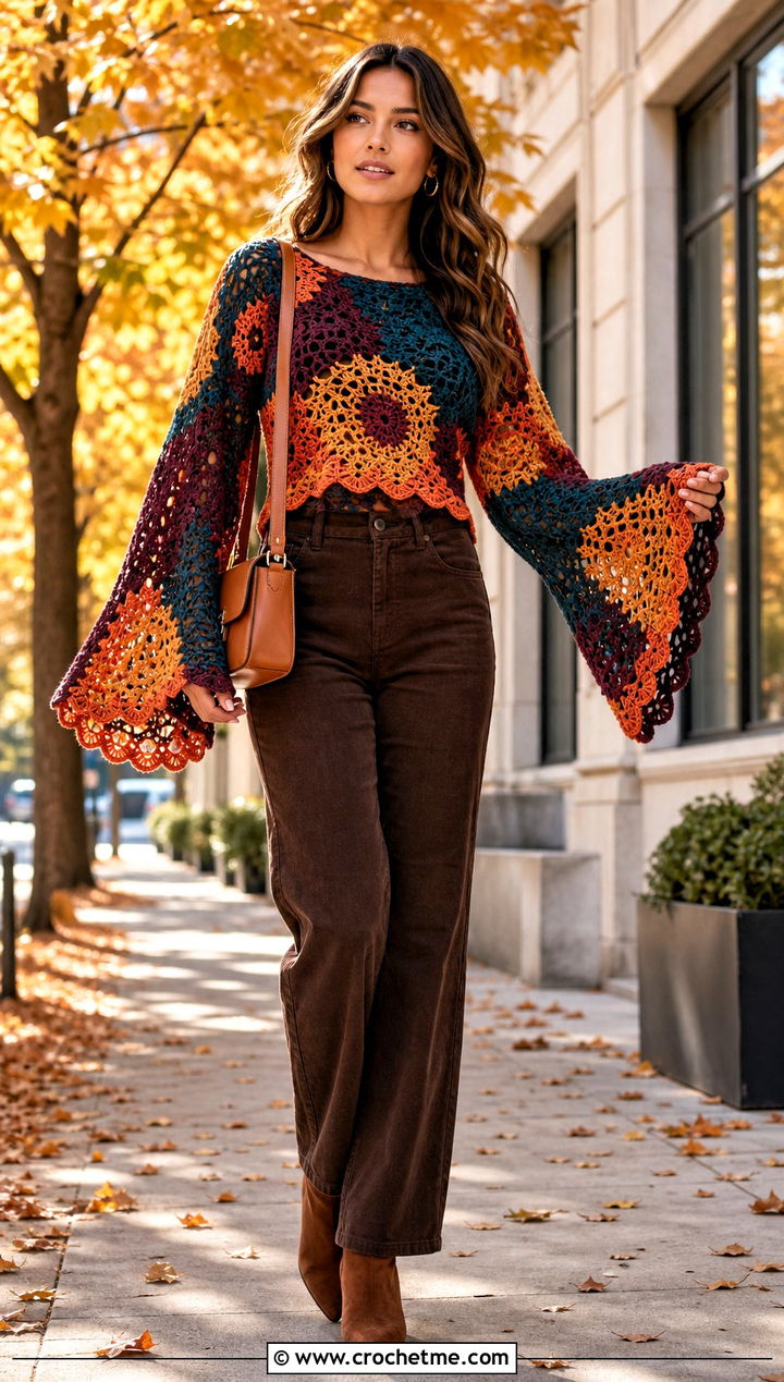 Multicolor Bell Sleeve Crochet Top With Corduroy Pants - 35 multicolor crochet top outfit ideas