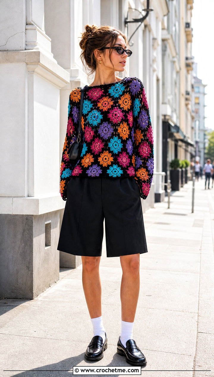 Multicolor Bloom Crochet Long Sleeve Top With Bermuda Shorts - 25 Crochet Flower Top Long Sleeve outfit ideas