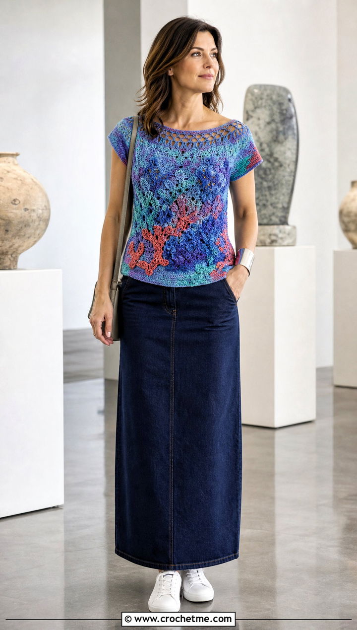 Multicolor Boat Neck Crochet Top With Column Skirt - 35 multicolor crochet top outfit ideas