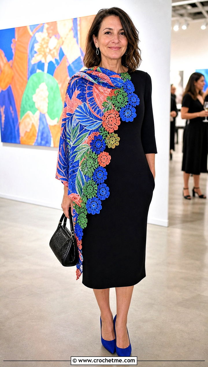Multicolor Botanical Leaf Scarf With Black Dress - 25 crochet leaf scarf outfit ideas