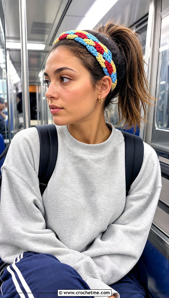 Multicolor Braided Crochet Headband With Sweatshirt And Track Pants - 20 Braided Crochet Headband outfit ideas