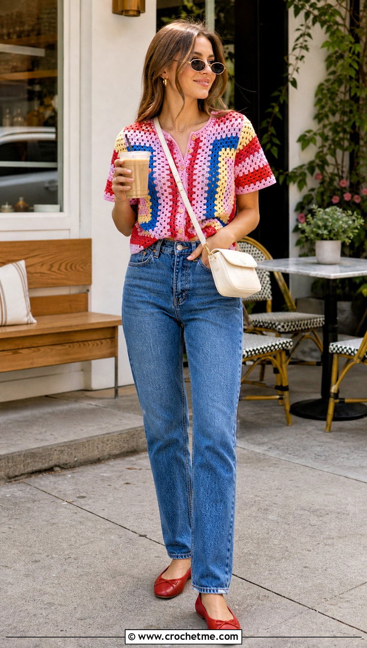 Multicolor Button Front Crochet Top With Straight Jeans - 35 multicolor crochet top outfit ideas