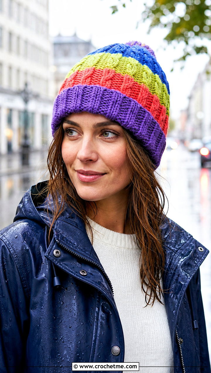 Multicolor Cable Crochet Beanie With Raincoat - 25 Cable Knit Crochet Hat outfit ideas