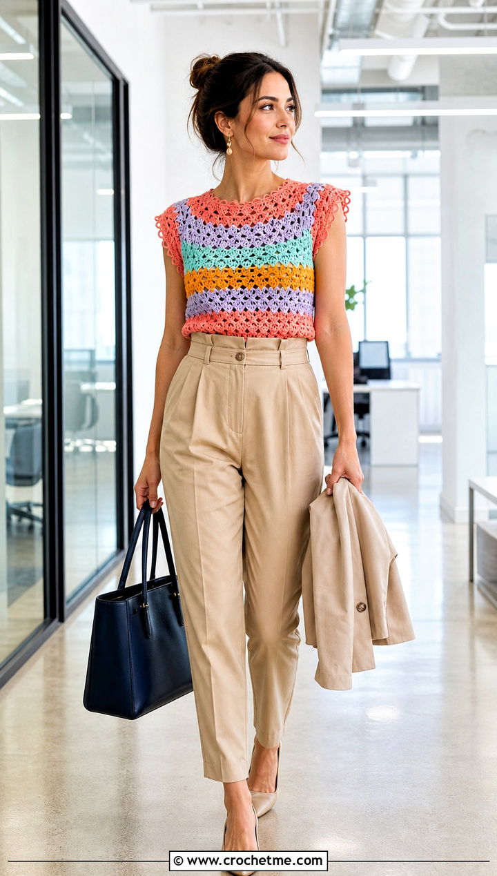 Multicolor Cap Sleeve Crochet Top With Paperbag Pants - 35 multicolor crochet top outfit ideas