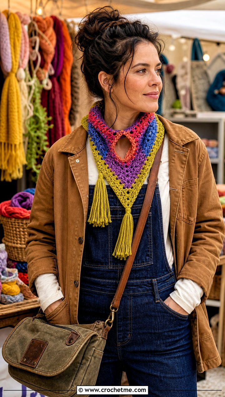Multicolor Cari Keyhole Crochet Scarf With Chore Jacket and Overalls - 15 Cari Keyhole Crochet Scarf outfit ideas