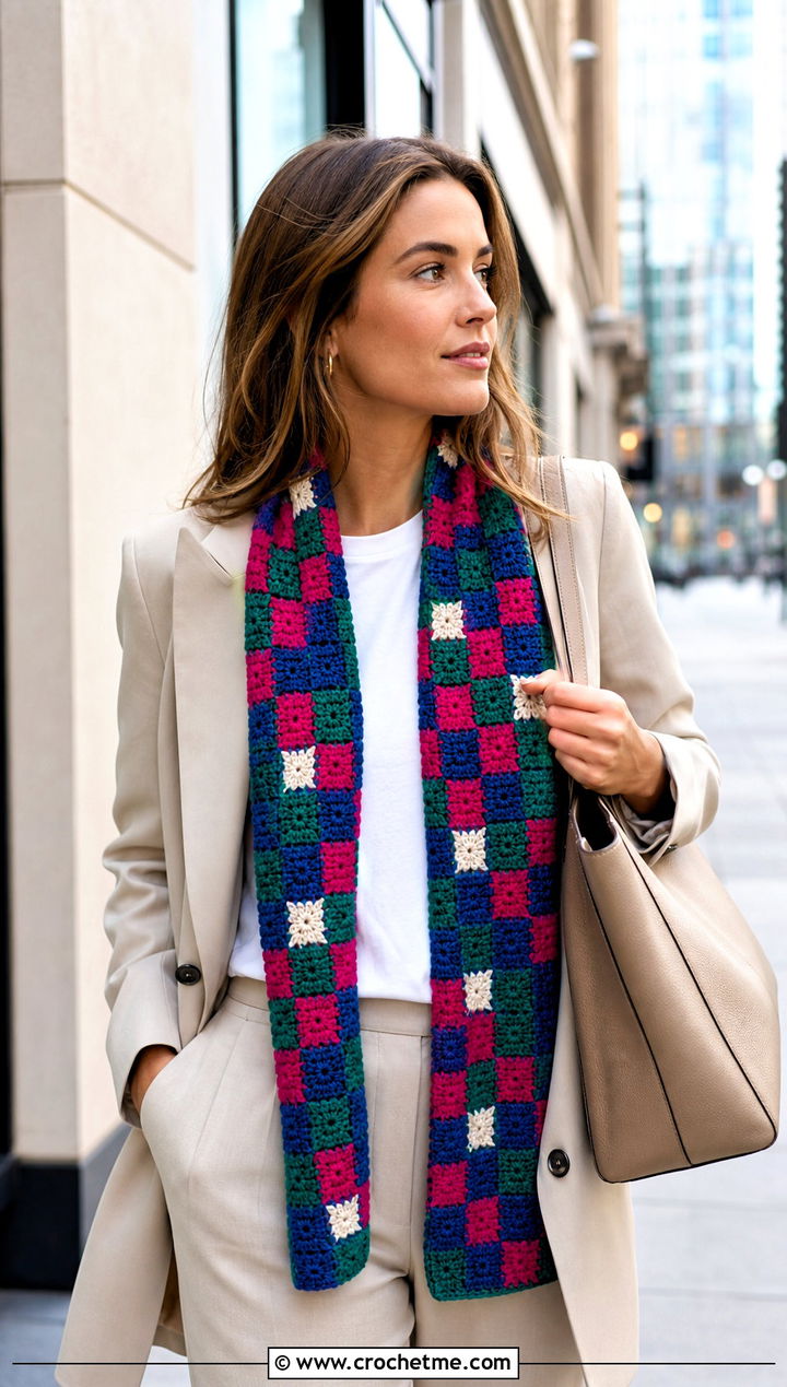 Multicolor Checkered Crochet Scarf With Neutral Suit and Sneakers - 20 Checkered Crochet Scarf outfit ideas