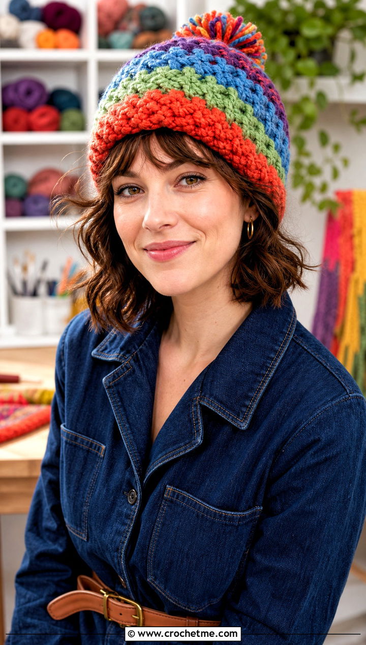 Multicolor Chunky Beanie With Denim Jumpsuit - 35 crochet chunky beanie outfit ideas