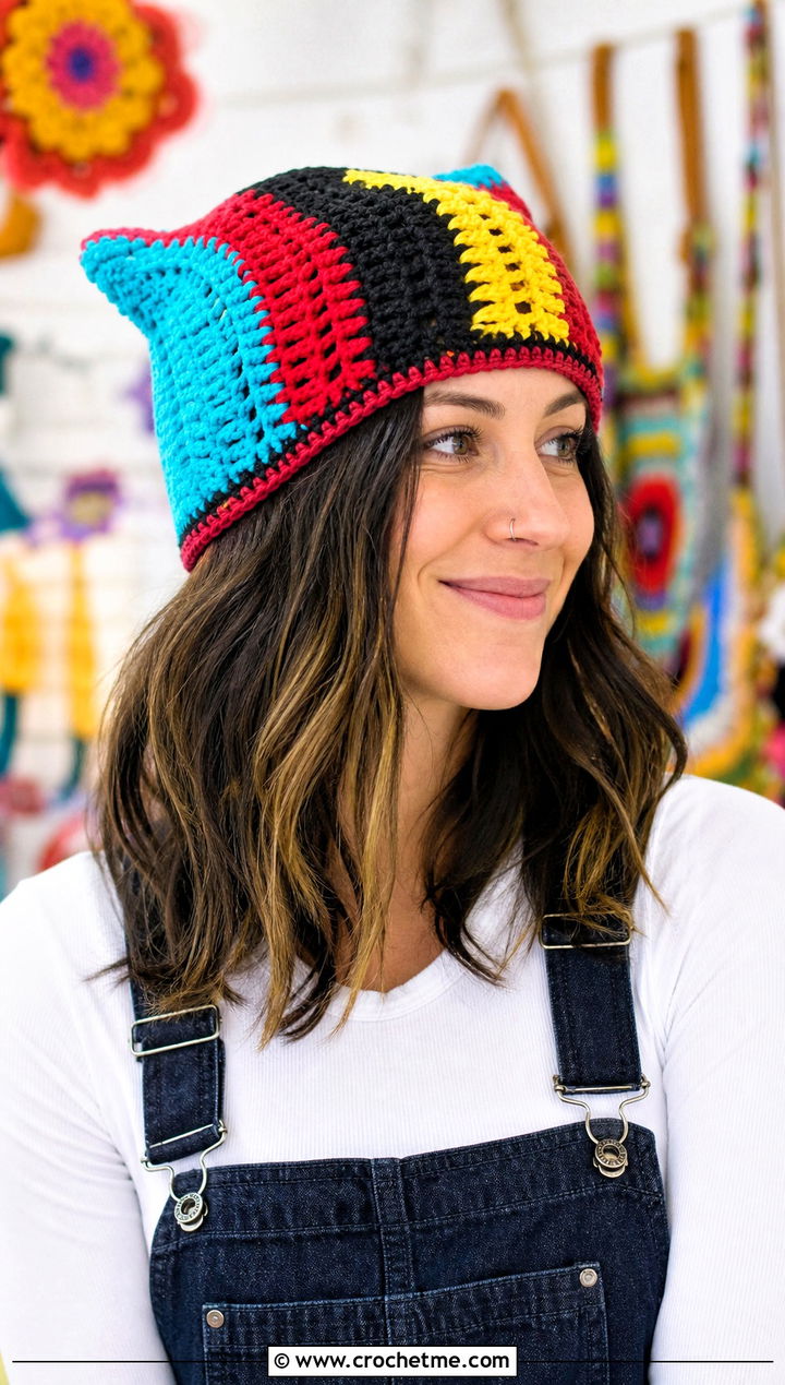 Multicolor Clancy Crochet Beanie With Overalls And Long Sleeve Tee - 30 clancy beanie crochet outfit ideas
