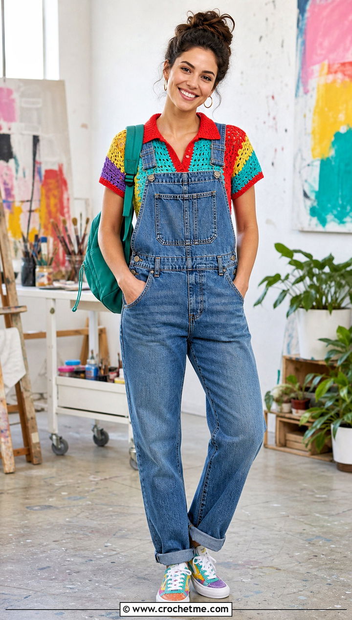 Multicolor Collared Crochet Top With Denim Overalls - 35 multicolor crochet top outfit ideas