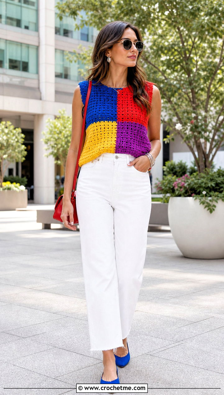 Multicolor Color Block Crochet Top With White Jeans - 35 multicolor crochet top outfit ideas