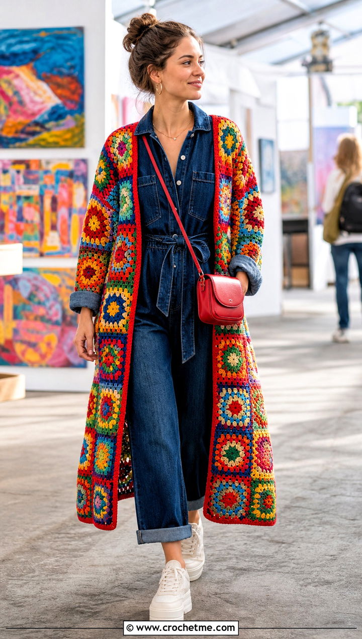 Multicolor Continuous Granny Square Cardigan With A Denim Jumpsuit - 25 continuous granny square cardigan outfit ideas