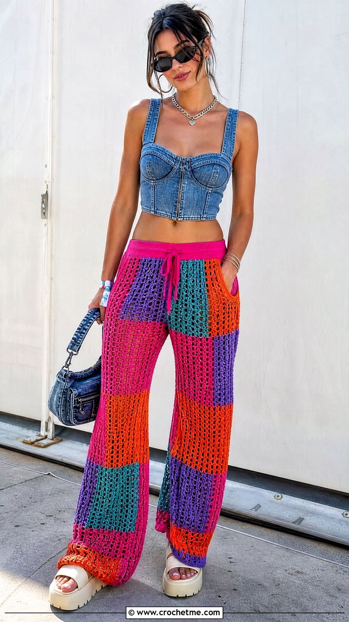 Multicolor Crochet Baggy Pants With Denim Bustier Top - 35 crochet baggy pants outfit ideas