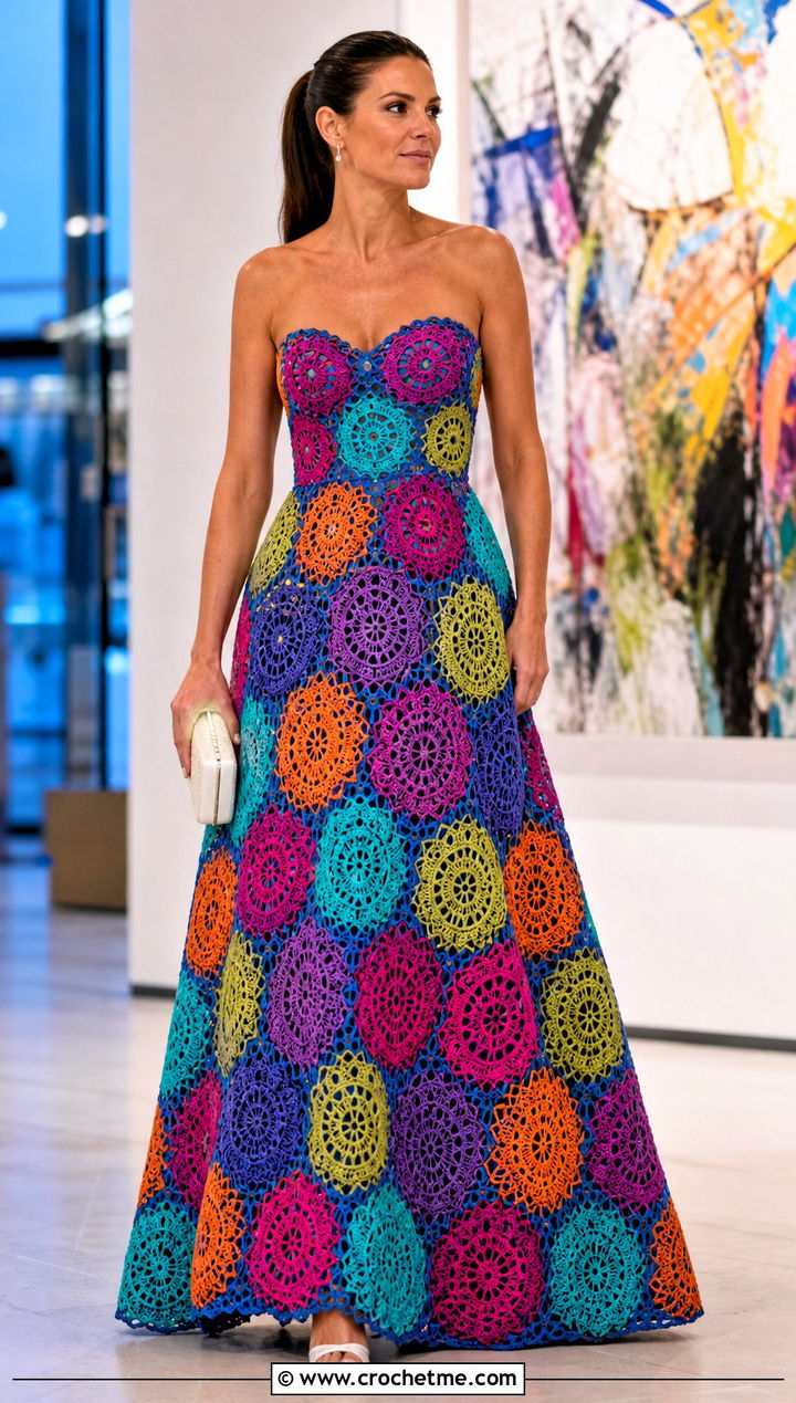 Multicolor Crochet Ball Gown With White Accessories - 30 crochet ball gown dress outfit ideas