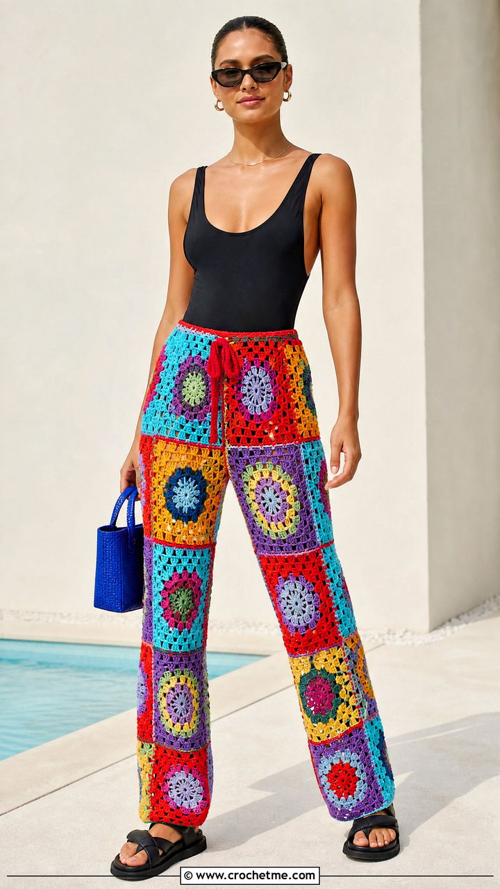 Multicolor Crochet Beach Pants With Black Swimsuit - 35 crochet beach pants outfit ideas