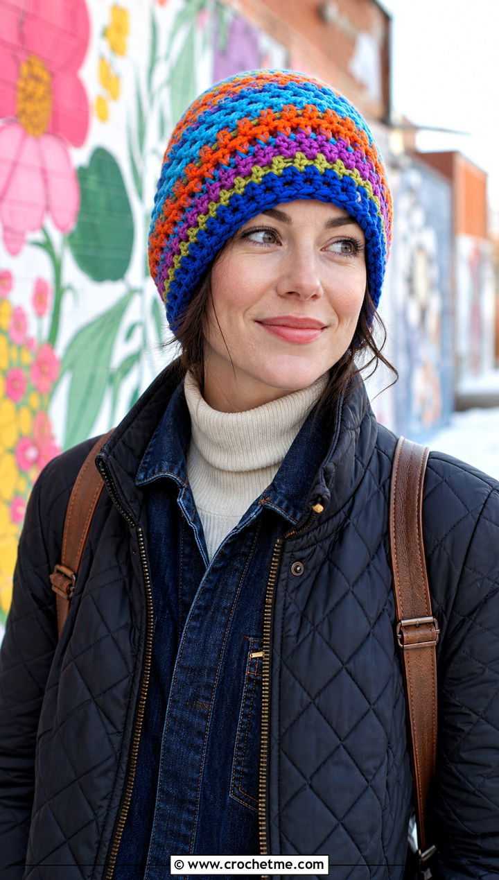 Multicolor Crochet Beanie With Denim Jumpsuit - 30 winter crochet hats outfit ideas